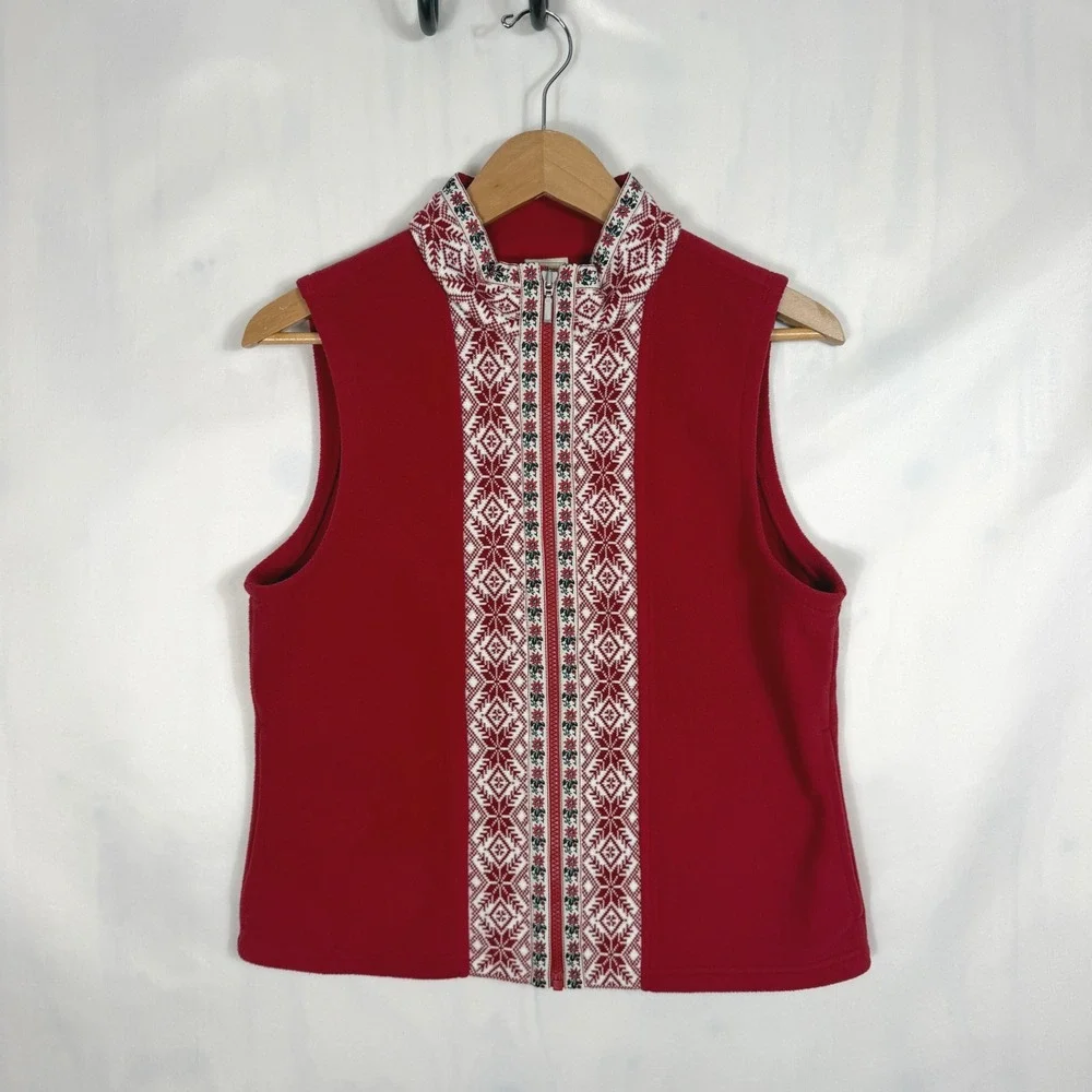LL Bean Fleece Vest Womens Med Red Nordic Isle Snowflake Full Zip Outdoor Layer